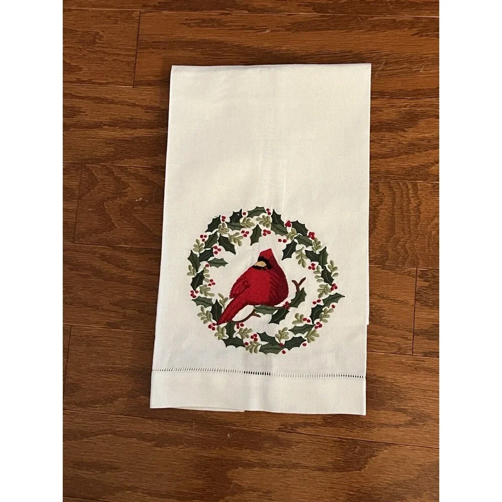 Embroidered Christmas‎ Holiday Tea Towel Cardinal Wreath Cotton NEW